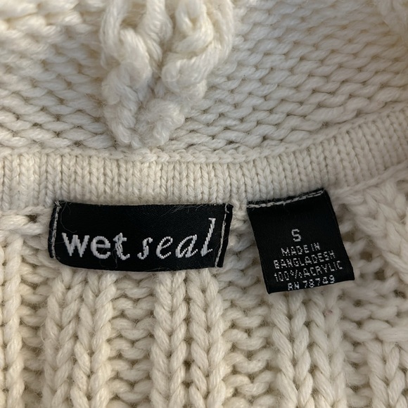Wet Seal Cream Y2K 90s Cable Knit Button Down 3/4 Sleeve Hoodie Sweater Sz Small - Picture 5 of 6